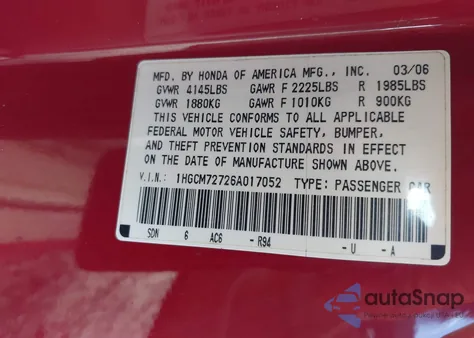 2006 Honda Accord 2.4 Ex z USA, uszkodzony, nr VIN 1HGCM72726A017052